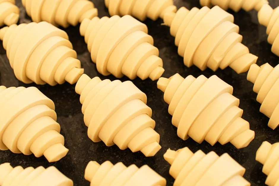 Raw croissant dough pieces arranged symmetrically on a dark baking surface.